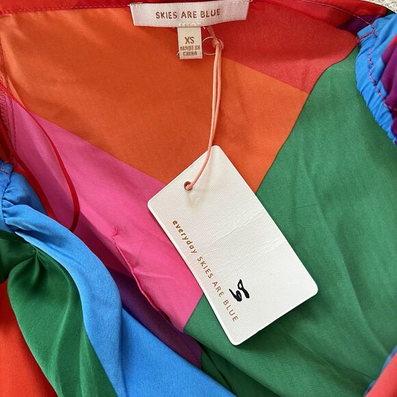 Skies are Blue Iliana Tiered Pink Colorful Maxi Dress Size Small Puffy Sleeve - Picture 12 of 16